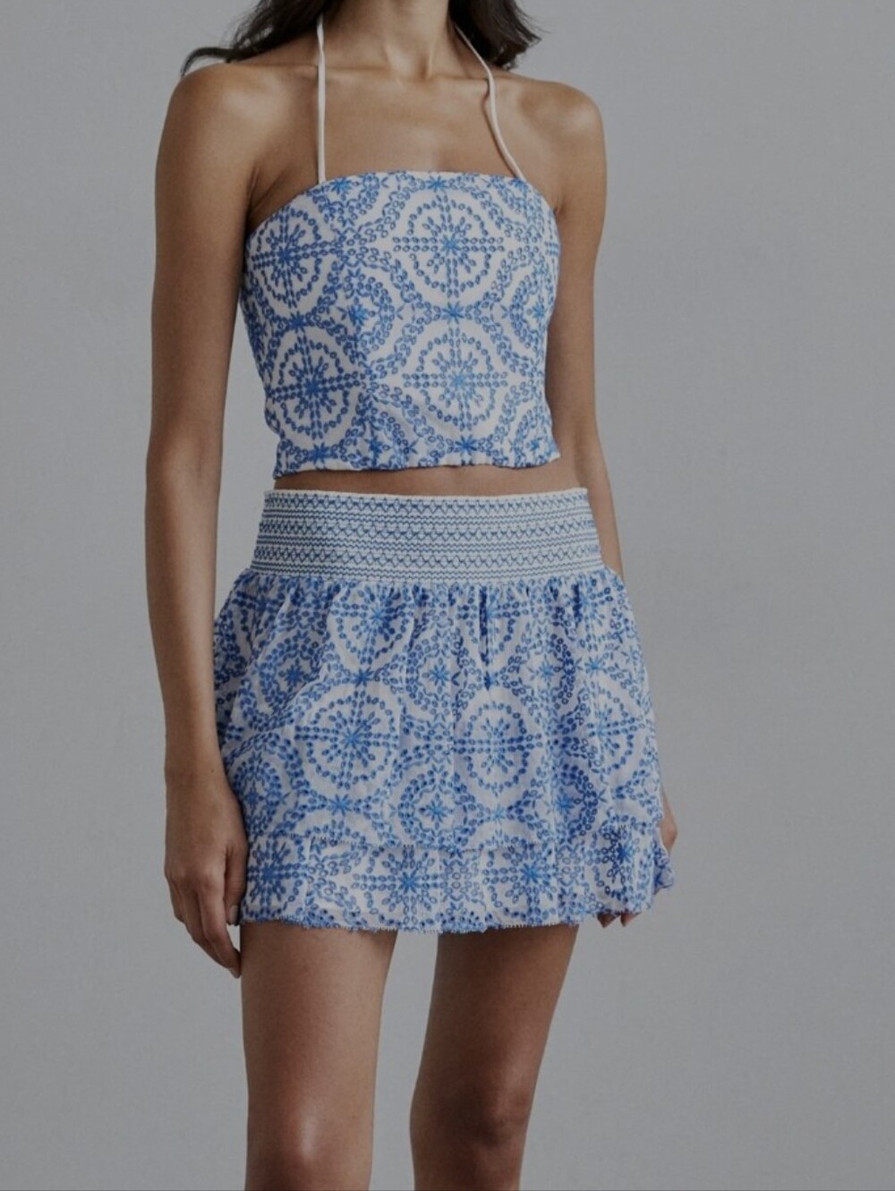 💥Alice + Olivia Bethie Embroidered Ruffle Mini Skirt Off White French Blue
